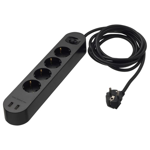 KOPPLA črna prenapetostna zaščita - 4 vtičnice, 2 usb