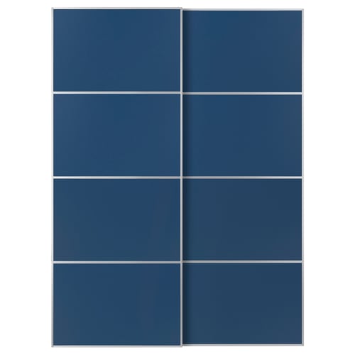 Modra drsna vrata garderobe z elegantnim dizajnom z aluminijastimi okvirji in ploščami iz vlaknenih plošč.