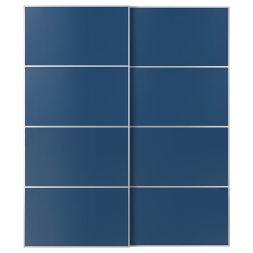 Modra drsna vrata z aluminijem in vlakneno ploščo, elegantna oblika, mehko zapiranje.