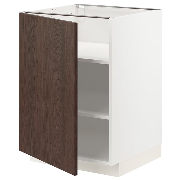 Ikea METOD bela omara, temno rjava sinarp vrata, odprta, sodobna kuhinjska enota.