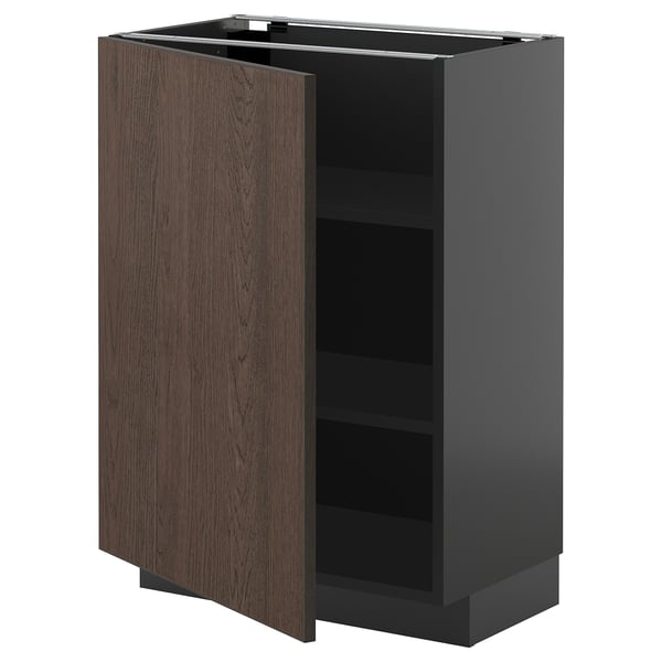 Kuhinjska omara Ikea METOD, temno rjava sinara, pravokotna, odprta enojna vrata, trdna, hrastov furnir, sijajni zaključek.