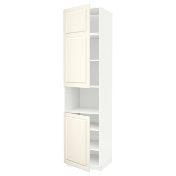 Sivo-bela kuhinjska omara ikea METOD z dvema odprtima vratoma, ki prikazuje nastavljive police.