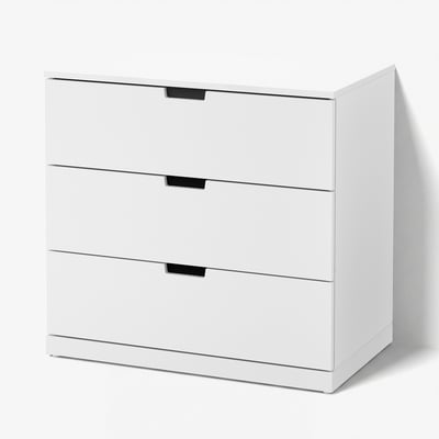 NORDLI bela skrinja s tremi predali, eleganten sodoben dizajn, gladki tekači, stena varna.