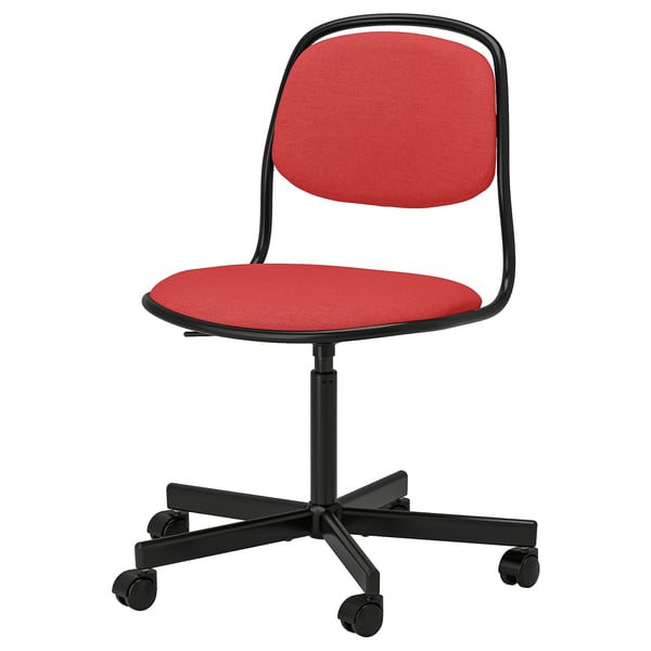 ÖRFJÄLL rdeči pisarniški stol s črnim okvirjem, vrtljiv, štiri kolesa, ergonomska oblika.