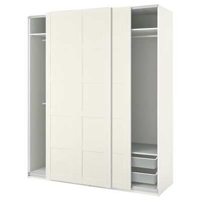 Ikea PAX bela garderoba z drsnimi vrati in mrežastimi predali. Zasnova je sodobna in minimalistična.