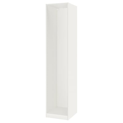 Bel okvir omare ikea PAX, visok in pravokoten, z navadnim dizajnom in brez vrat, idealen za shranjevanje.