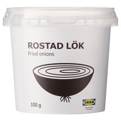 Slika prikazuje posodo ikeas rostad lok, ocvrte čebule, ki tehta 100 g.