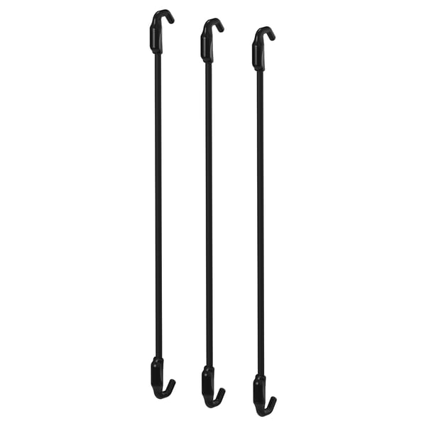 Trije črni kavlji SKÅDIS, navpična, trpežna plastična konstrukcija, namenjeni za organiziranje predmetov.