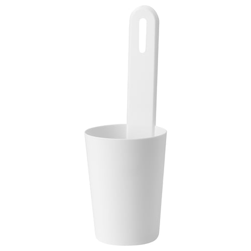 Bela posoda SKATTÅN iz polipropilenske plastike. Je cilindrične oblike z ročajem na vrhu za obešanje.