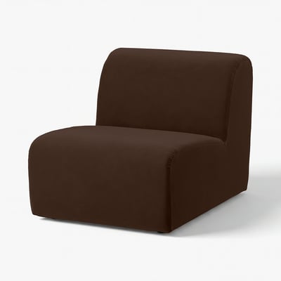 Temno rjav, moderen, minimalističen kavč; Zaobljeni robovi, mehka oblazinjenost.