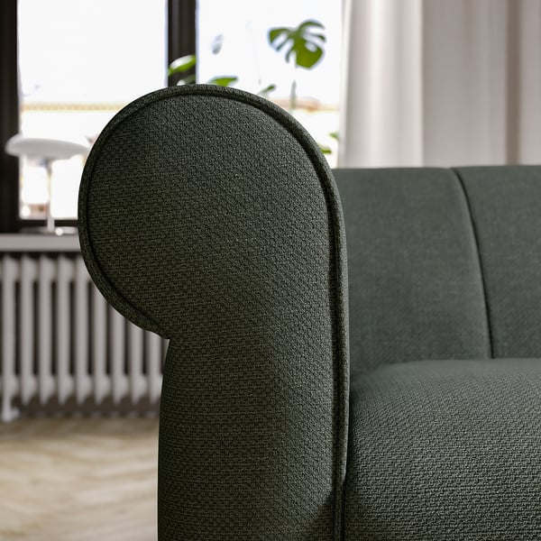 VISKAFORS zelena kavč, temno siva tkanina, plišasti dizajn z ukrivljenimi nasloni za roke.