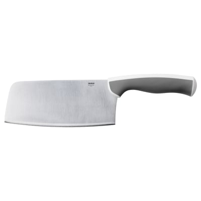 An ÄNDLIG knife with a grey handle and stainless steel blade. The design a large, curved blade for stability.