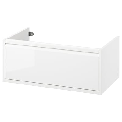 ÄNGSJÖN white bathroom cabinet with drawer, sleek minimalist design, wall-mountable, glossy finish.