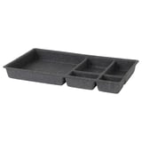 An ALEX drawer insert. Its rectangular, dark grey, has five compartments, and is made of polyester.