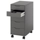 Grey ALEX filing cabinet with three drawers, on wheels, modern design.