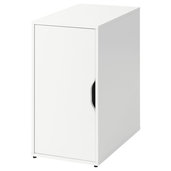 White ALEX cabinet, square with single door, minimalist design, acrylic painted particleboard.