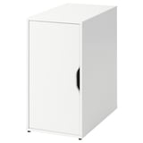 White ALEX cabinet, square with single door, minimalist design, acrylic painted particleboard.