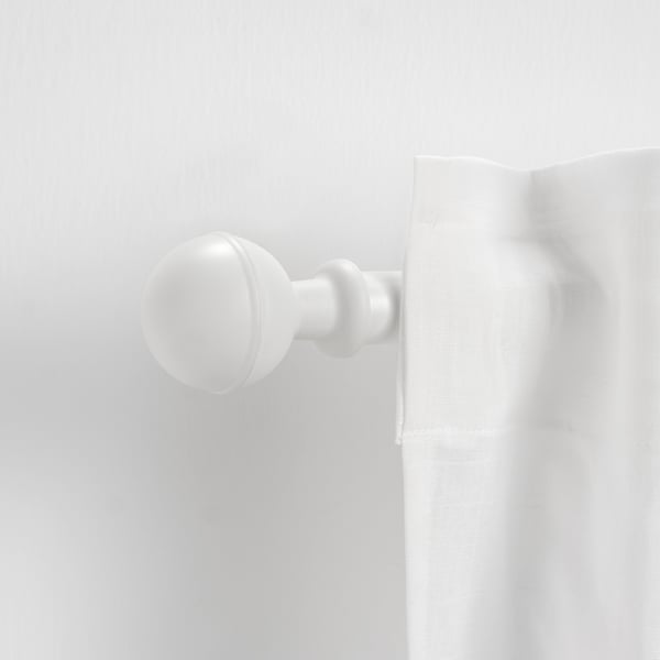 ALVARSTÅNDS white ball-shaped curtain rod finial. Small, spherical design enhances decor. Crafted from recycled plastic.