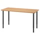 A rectangular desk with a light wood top and black metal legs.