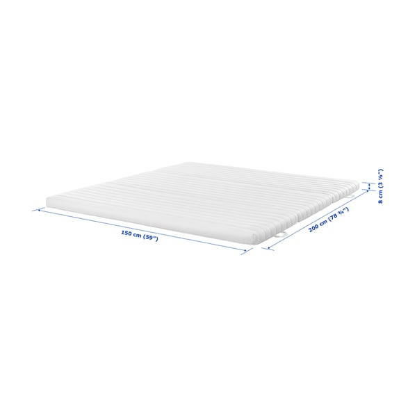 White mattress dimensions—200x150 cm, 8 cm thick. Showing measurements in cm and inches.