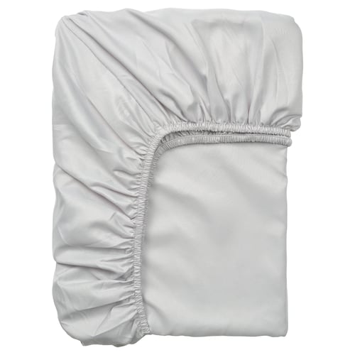 BÄRGLIM grey fitted sheet, soft recycled polyester, rectangular, elastic edges.