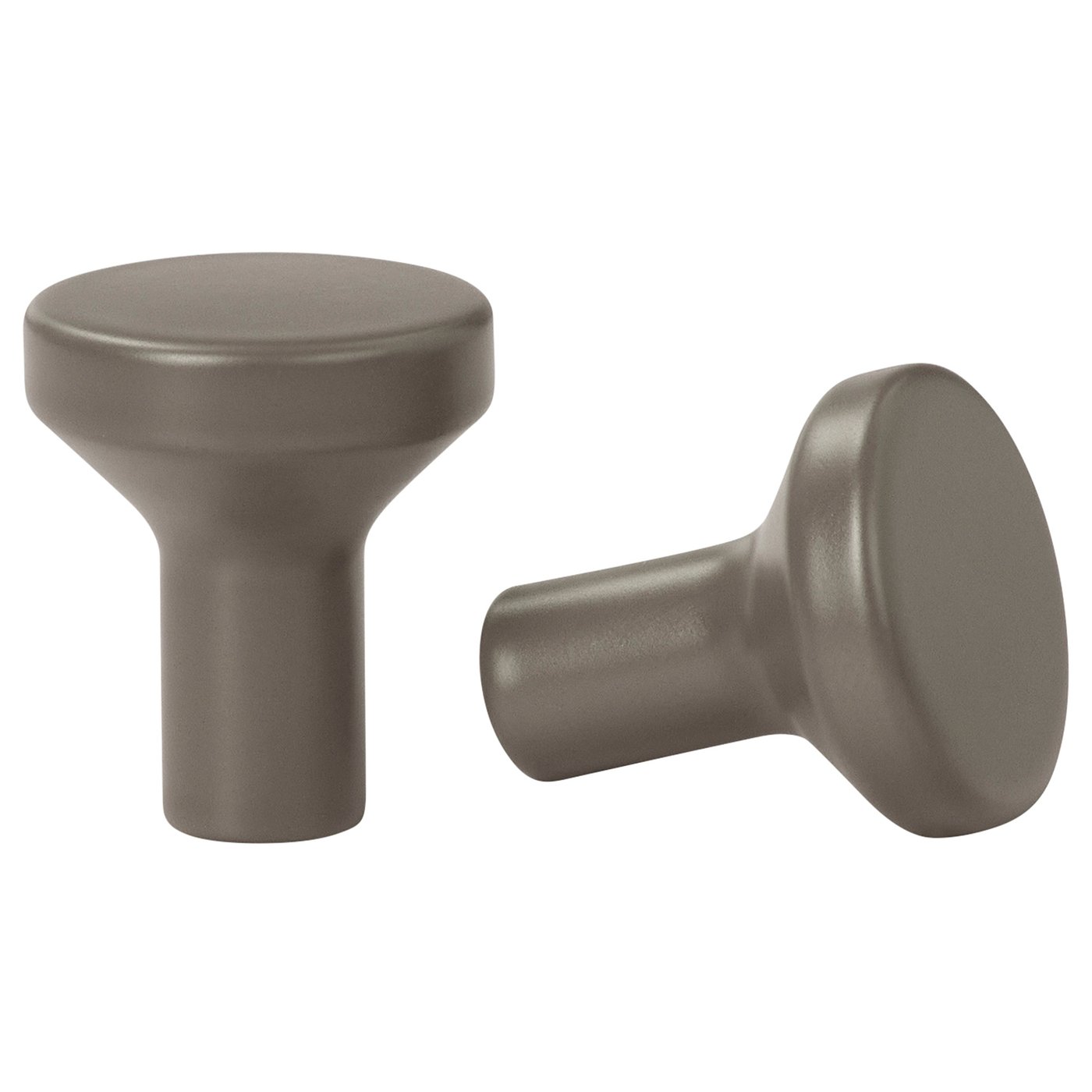 Two modern, silver, cylindrical cabinet knobs with flat tops, shown from different angles.
