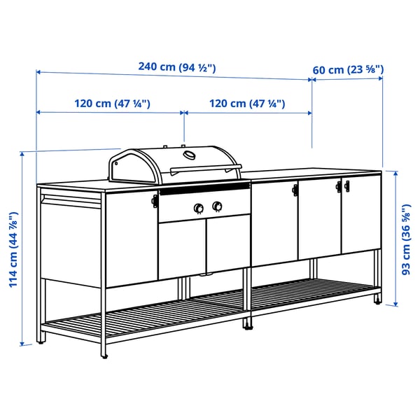 BÅTSKÄR Outdoor kitchen w charcoal barbecue, dark grey, 240x60 cm