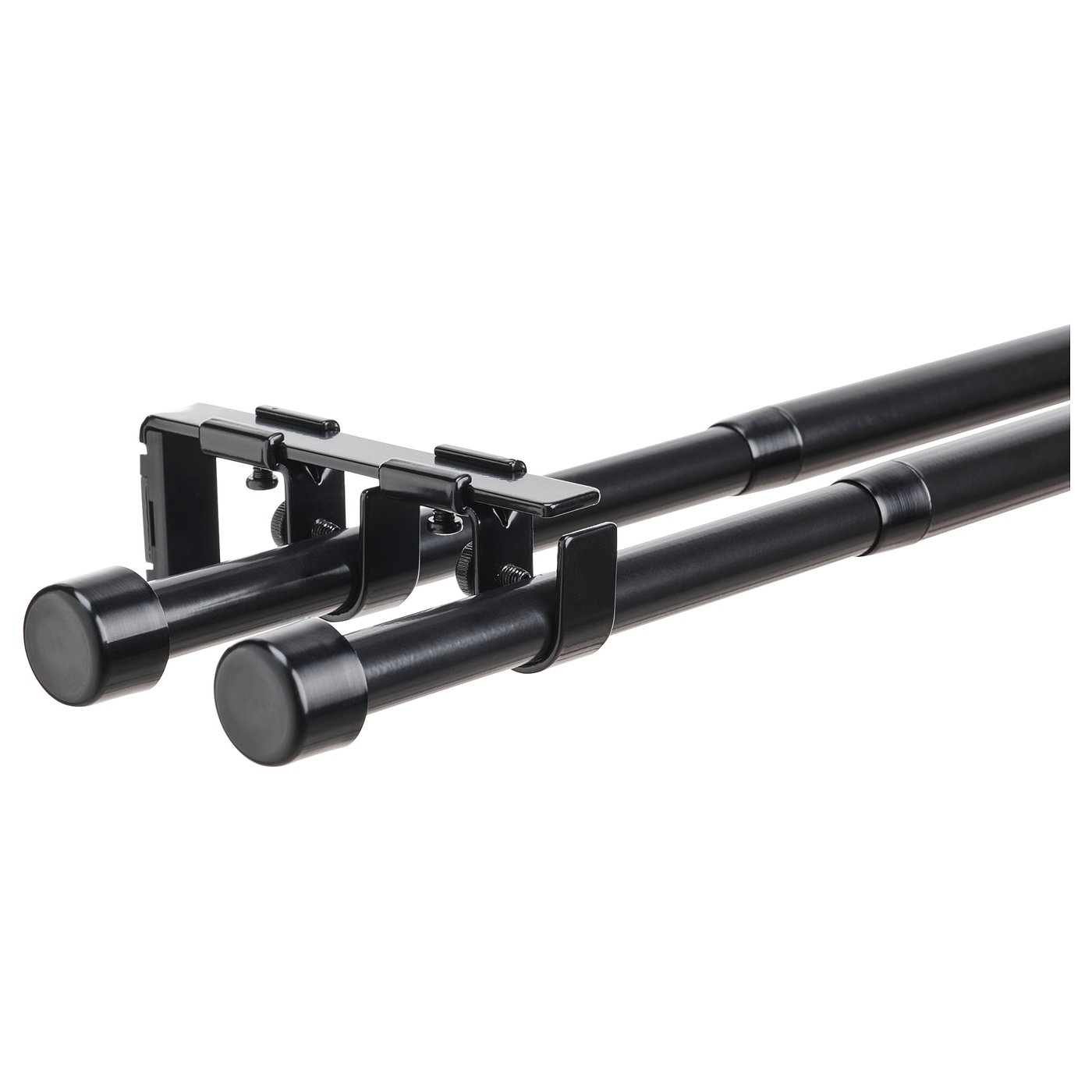 Black BEKRÄFTA curtain rod set, sleek design, adjustable length, steel and plastic, wall-mounted, modern home decor.