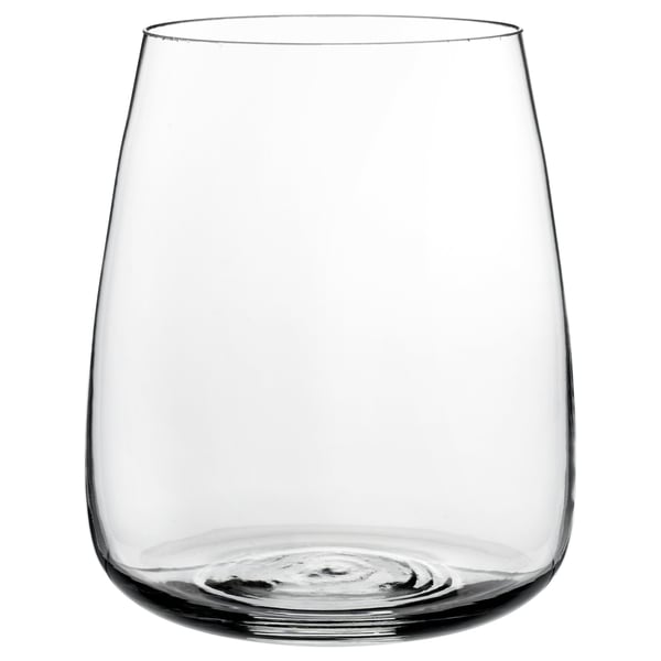 Clear glass vase, simple design, rounded shape.