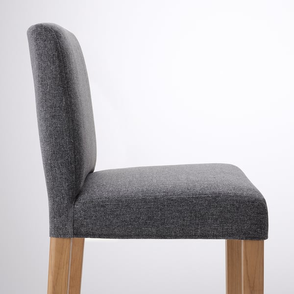 A grey upholstered bar stool with wooden legs, offering a cushioned seat and backrest for comfort.