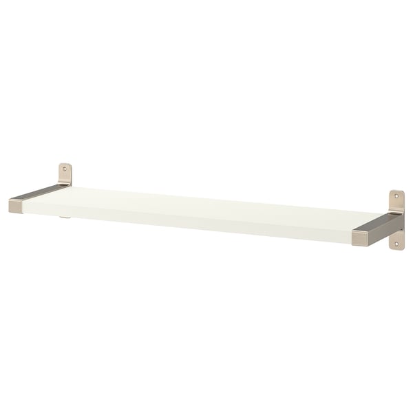 A white BERGSHULT wall shelf mounted with nickel-plated granhult brackets, displaying a sleek and modern design.