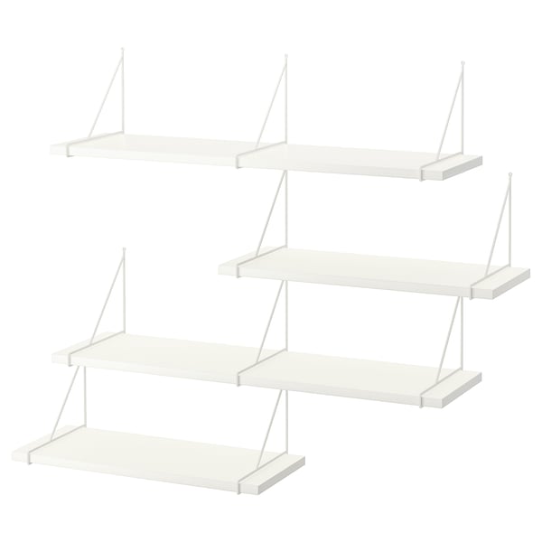 Displays a set of four white BERGSHULT wall shelves with minimalist design and metal brackets.