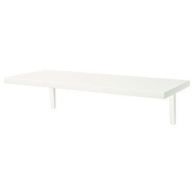 White BERGSHULT wall shelf, rectangular shape, bevelled edge, metal brackets.