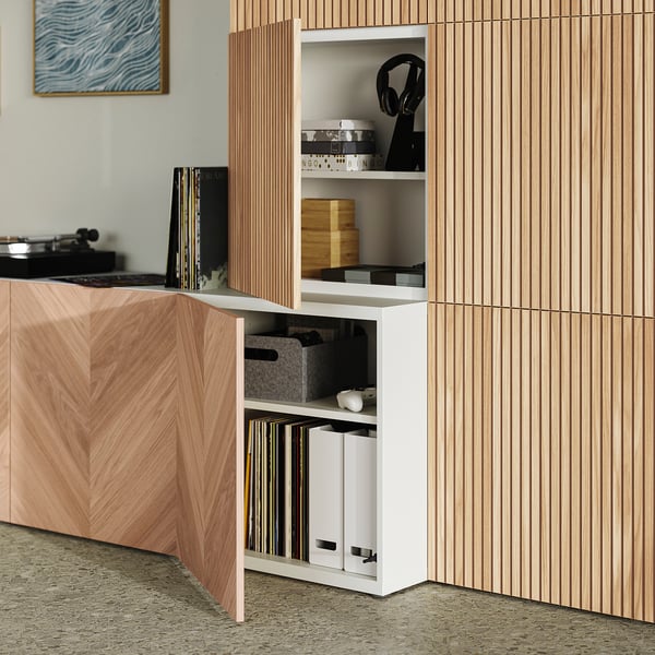 BESTÅ Storage combination with doors, white Hedeviken/Björköviken oak veneer, 300x42x193 cm