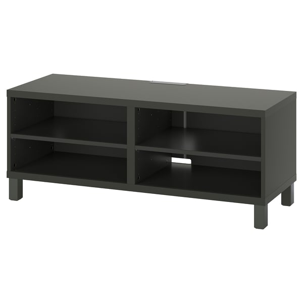 An ikea BESTÅ tv bench in dark gray with adjustable shelves and cable management.