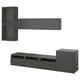 Three-piece dark grey modern furniture set including wall-mounted shelves and a long tv bench with various compartments and drawers.