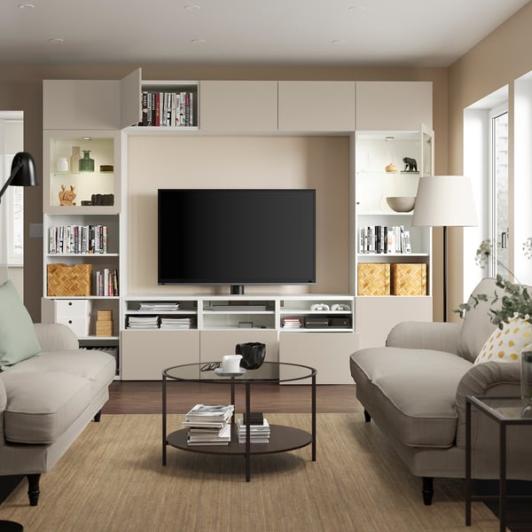 Modern living room with BESTÅ tv unit, adjustable shelves, cable management, wall-mounted cabinets, and safety-fixated tv bench for up to 72 tv.