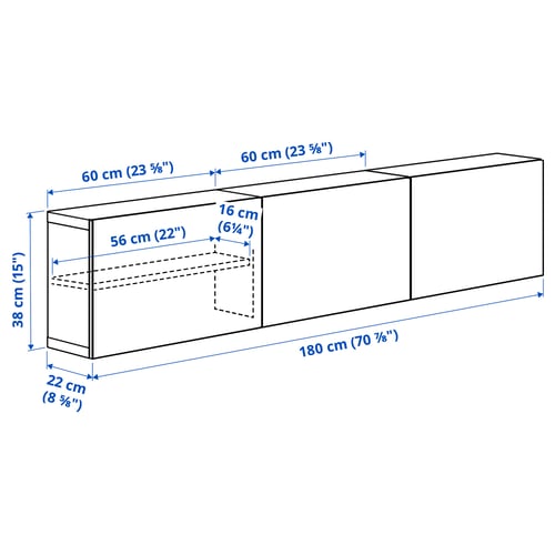 BESTÅ Wall-mounted cabinet combination, white Kallviken/light grey concrete effect, 180x22x38 cm