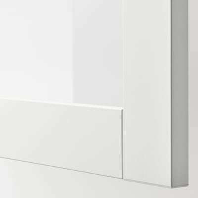 Close-up of a sleek, modern white cabinet with clean edges. Soft closing hinge detail is visible.