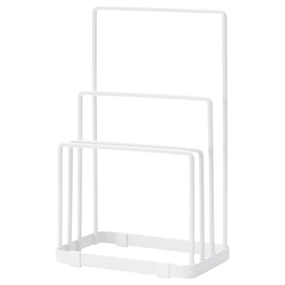 White BESTÅENDE chopping board holder, made of steel and plastic, simple rectangle design.