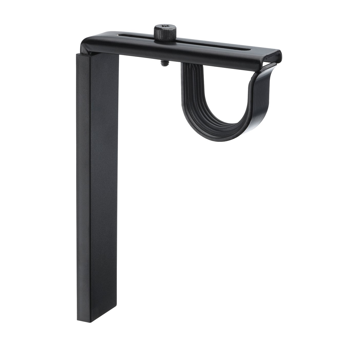 A black BETYDLIG curtain rod holder. Its made of steel and plastic, designed for wall or ceiling mounting.