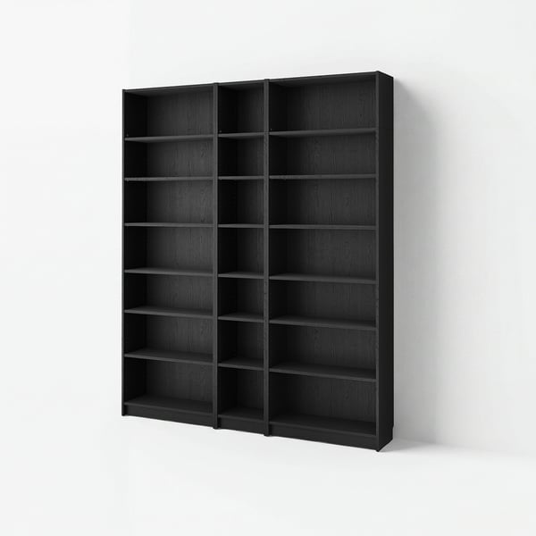 Large black BILLY bookcase, modern, square-shaped with multiple shelves.