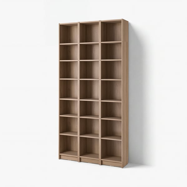 Tall BILLY bookshelf, light brown, wooden, rectangular, minimalist design.