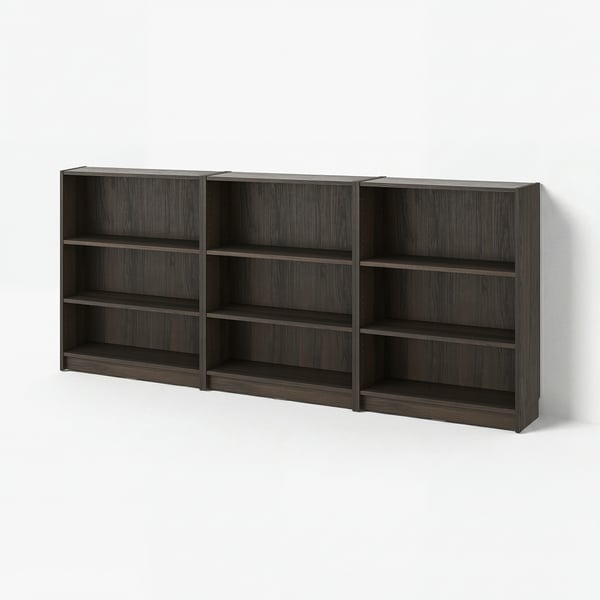 Three dark brown BILLY bookcases with five shelves each, arranged side by side.