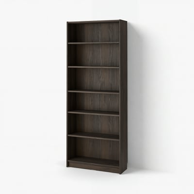 A BILLY bookcase, tall and dark brown, with six empty shelves. Its sleek, rectangular, and made of wood-like material.