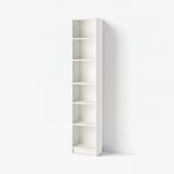 A tall white BILLY bookshelf with five adjustable shelves, simple and timeless design, perfect for organising various items.