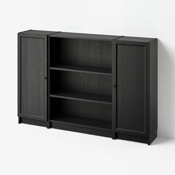 BILLY bookcase - closed & open storage, adjustable shelves, dark finish, tactile wood texture.