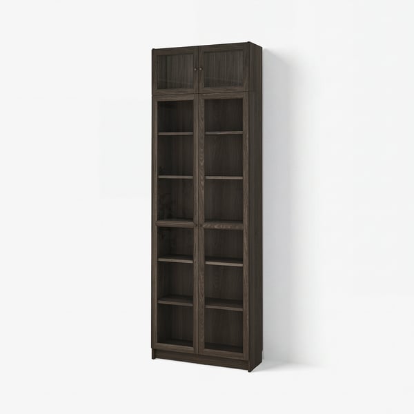 BILLY / OXBERG Bookcase w glass doors/ext unit, dark brown oak effect/clear glass, 80x30x237 cm