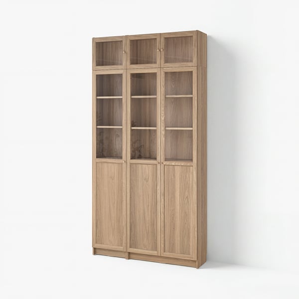 A BILLY bookcase. Its tall, wooden, and light brown, with glass doors and adjustable shelves.