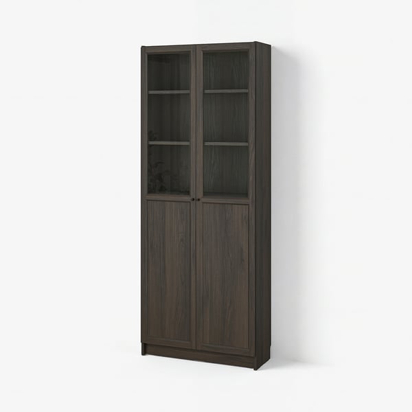BILLY / OXBERG Bookcase with panel/glass doors, dark brown oak effect, 80x30x202 cm
